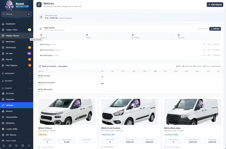Vehicle MOT & tax tracking built into your round software